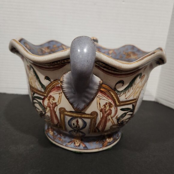 Vintage Cache Pot Hand Painted Italian Style Bowl Large Earthenware w/Cherubs - Picture 4 of 7